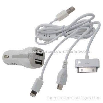 Universal 3-in-1 Dual USB Car Charger for iPhone/iPad/iPod/BlackBerry/HTC/MOT/MicroNew